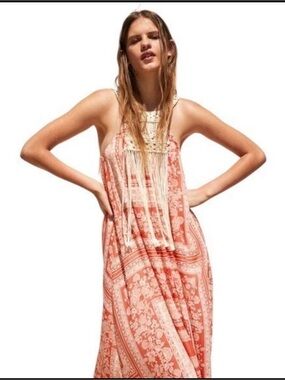 Zara Coral Paisley Halter Maxi Dress with Crochet Fringe